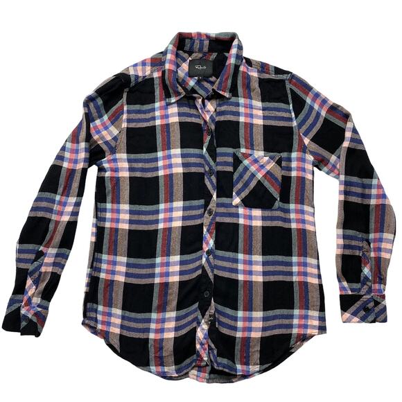 RAILS Metallic Plaid Rayon Button Up Shirt Small Black Pink Blue Long Sleeve - Picture 4 of 11